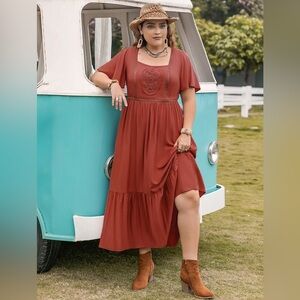 Plus Size Square Neck Short Sleeve Ruffle Hem Dress
